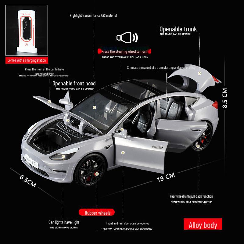 1:24 Tesla Model 3 Alloy Toy Car with Sound, Light, and Openable Doors