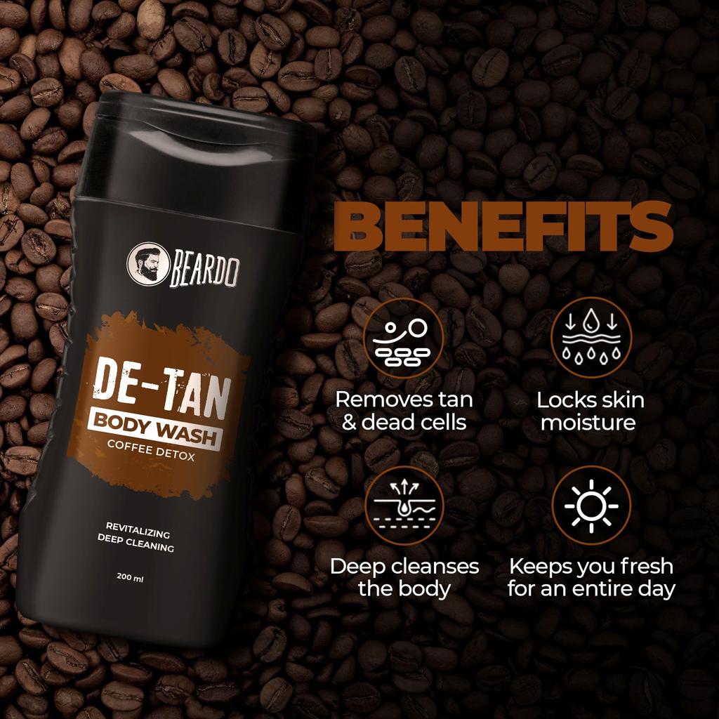 Beardo De-Tan Body Wash for Men, 200ml | Tan Removal and Caffeine Body Wash | Detan With Coffee & Aloe Extracts | For Body & Face | Refreshing Fragran