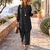 Autumn Spring Womens Two Piece Outfit Long Sleeve Button Down Tunic Tops and Wide Leg Pants Sets