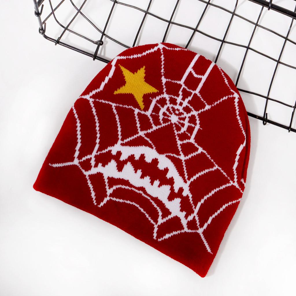 

Autumn Winter Acrylic Knit Cap With Spider Web And Starpattern For Casual Daily Red