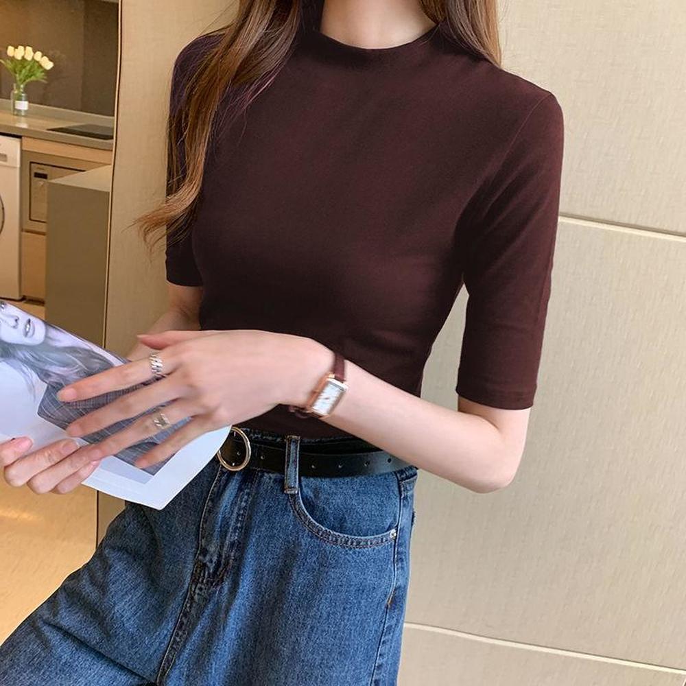 M-5XL Korejský styl Ženy Crop Top Želva s výstřihem Vnitřní Krátký rukáv Jednobarevná Košile Slim Fit Velké velikosti Košile s želvovým výstřihem Vnitřní
