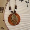 Retro Houten Blad Uil Lange Truiketting Etnische Ronde Ketting Vrouwen Klok Hanger Vrouwelijke Sieraden Nekaccessoires Cadeaus Kraag