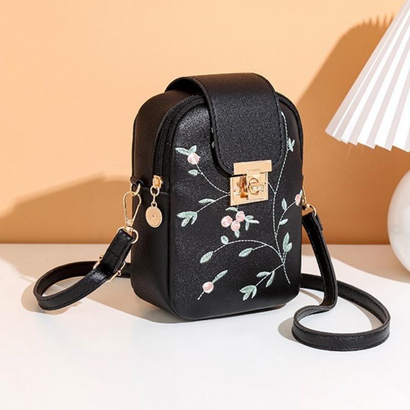 Embroidered Lock Single Shoulder Vertical Small Square Bag Messenger Bag Simple Mobile Phone Bag Girls Mouth Red Envelope