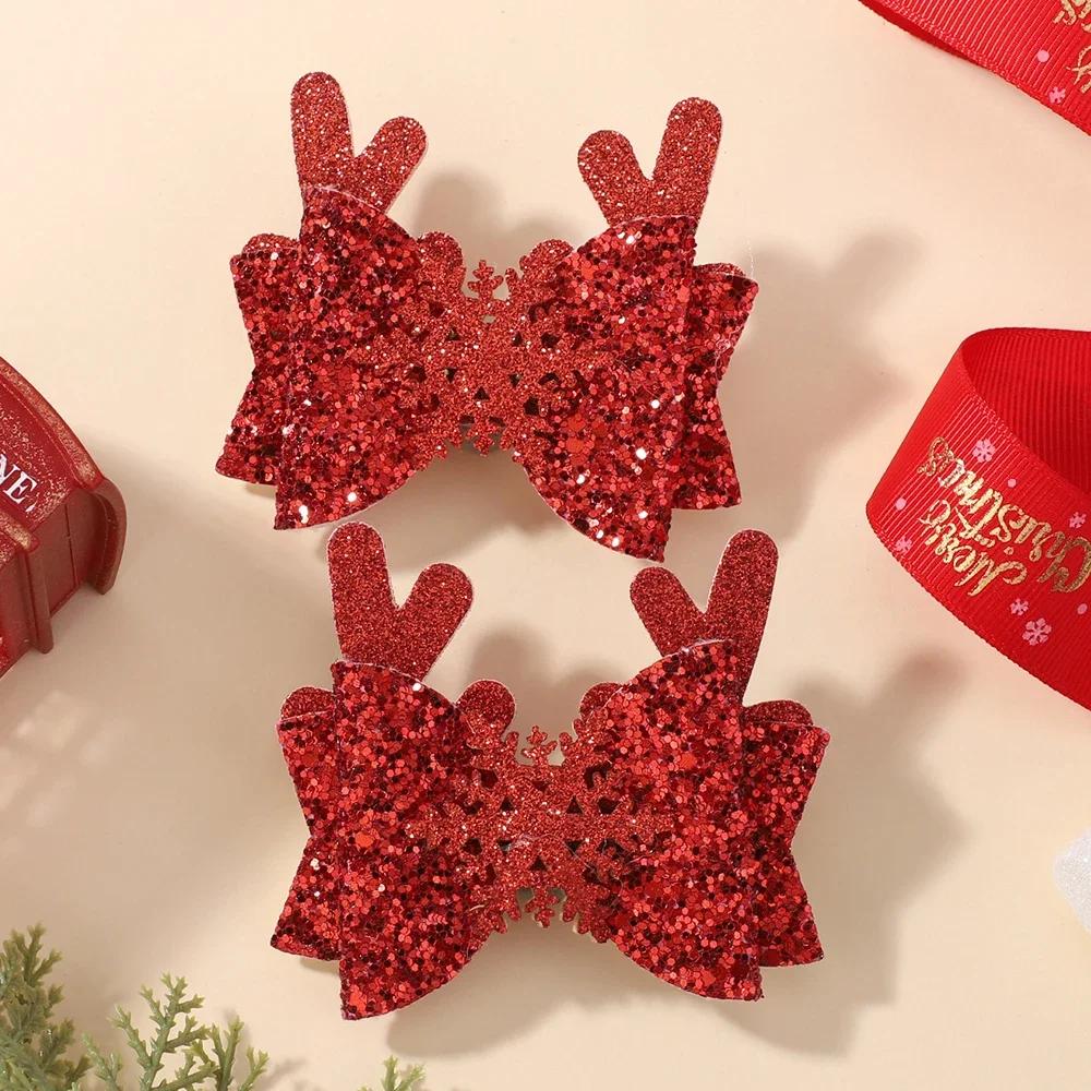 2pcs Glitter Christmas Kids Bows Hairpin for Girls Antlers Printed Fabric Ponytail Clips Christmas Holiday Prom Hair Accessories