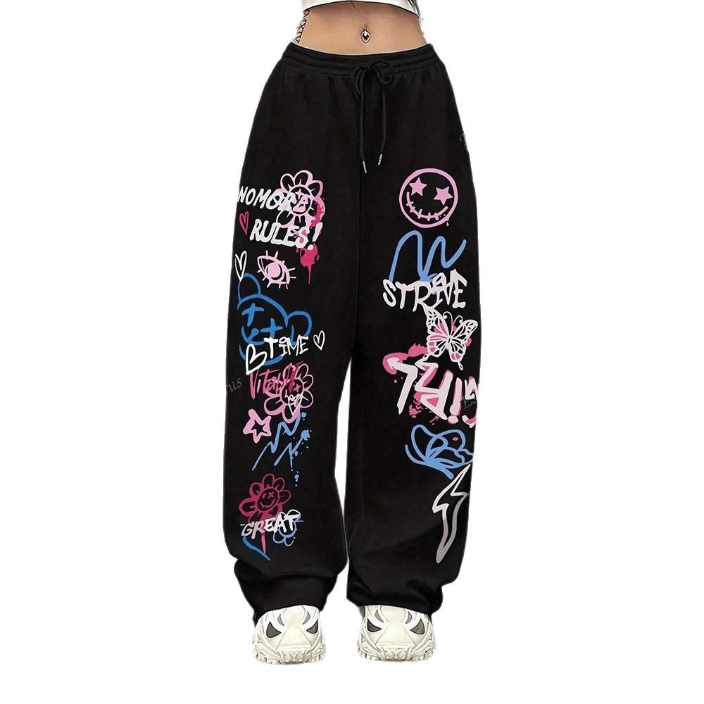 Trendige Lässige Weitbeinige Hose mit Graffiti-Print - Lockerer Amerikanischer Street Style