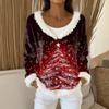 Women's Fashion Plush V Neck Pullover Top Long Sleeve Tee Christmas Printed Sweatshirt