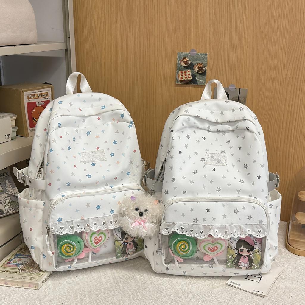 Schoolbag High Value Cute Star Transparent Pain Bag Large Capacity Lightweight Junior High School Girls Schoolbag Korean Sweet Backpack Women
