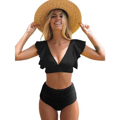 Strój kąpielowy z rozcięciem, bikini z wysokim stanem, 9-kolorowy kostium kąpielowy z falbanką na krawędzi