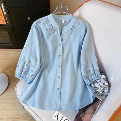 Summer Hollow Embroidery Small V-neck Shirt for Women's Artistic Loose Versatile Seven Quarter Sleeved Top Blouses & Shirts