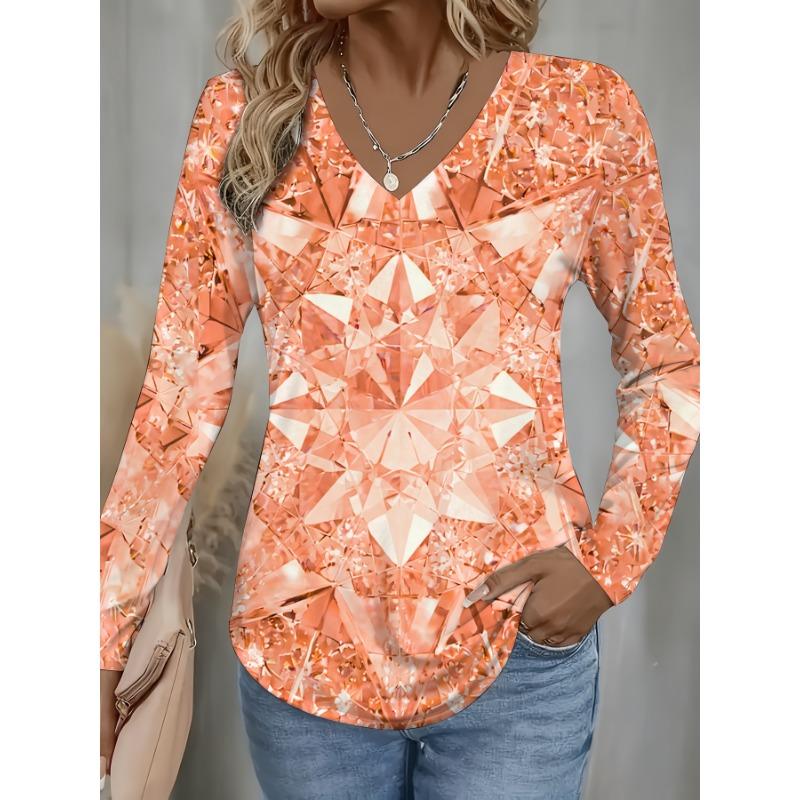 All-over Printed Women's Fashionable V-neck Crystal Star Long-sleeved Blouse
