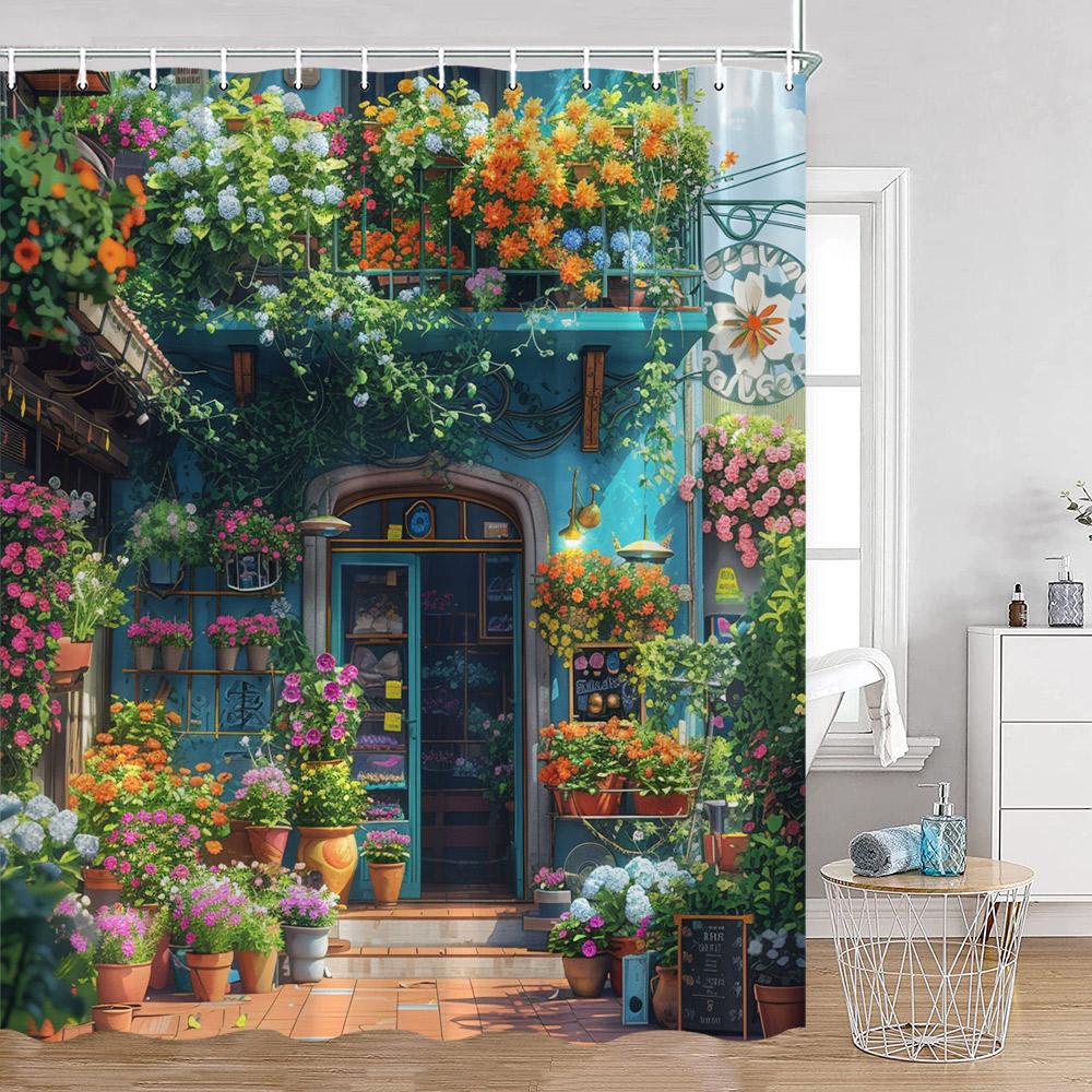 Hand-painted Street View Shower Curtains European Garden Cafe Green Plants Flowers Greenery Bathroom Decor Modern Bath Curtain