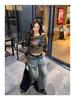 Women's Retro Distressed Hip Hop Jeans with Pleated Lightning Pattern - Loose, Slimming, and Versatile Wide-Leg Pants