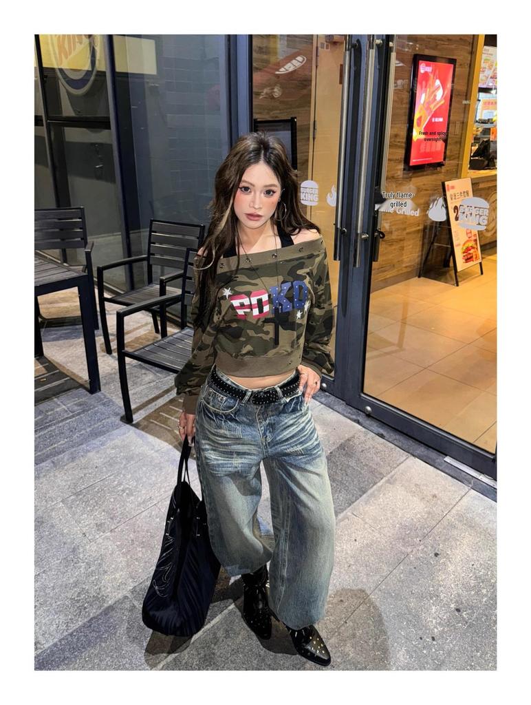 Women's Retro Distressed Hip Hop Jeans with Pleated Lightning Pattern - Loose, Slimming, and Versatile Wide-Leg Pants