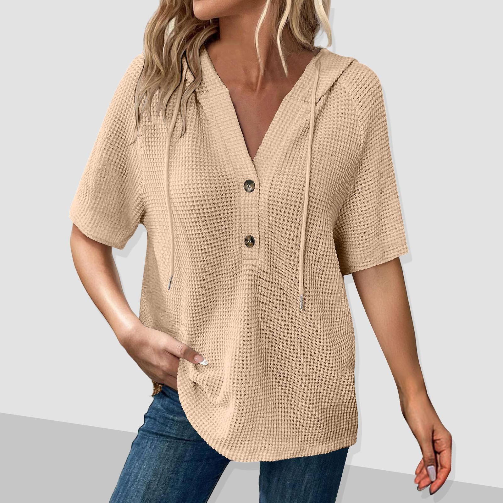 

Женская мода с коротким рукавом и капюшоном на пуговицах с V-образным вырезом, повседневная толстовка с капюшоном M хаки