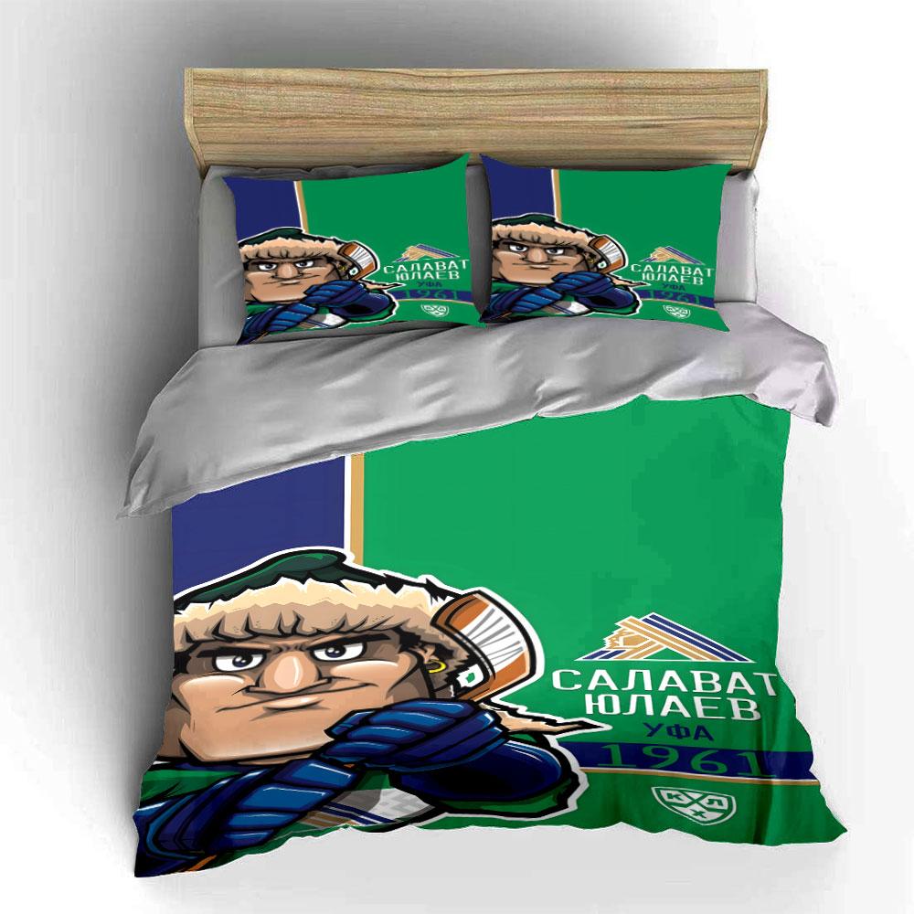 Hockey Player Cartoon with Team Logo Print Bedding Set Duvet Cover Pillowcases (1* Duvet Cover 2* Pillowcases Do Not Include Comforter)
