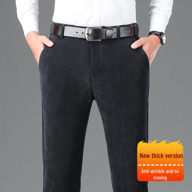 Pantaloni casual groși de catifea reiată de înaltă calitate pentru bărbați - Toamnă/Iarnă, Drepți, Largi, cu Plus de Catifea, Pantaloni Business cu Drapeu