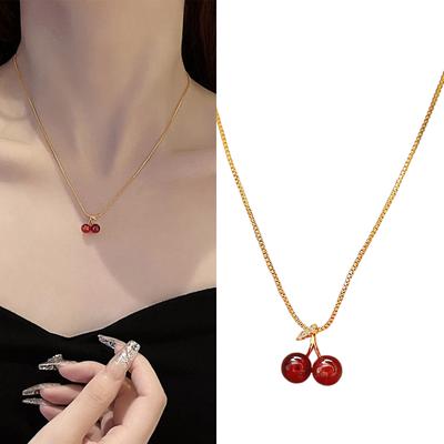 Elegant Wine Red Cherry Pendant Necklace Adjustable Golden Chain Jewelry Gift for Women Birthday Party Accessories