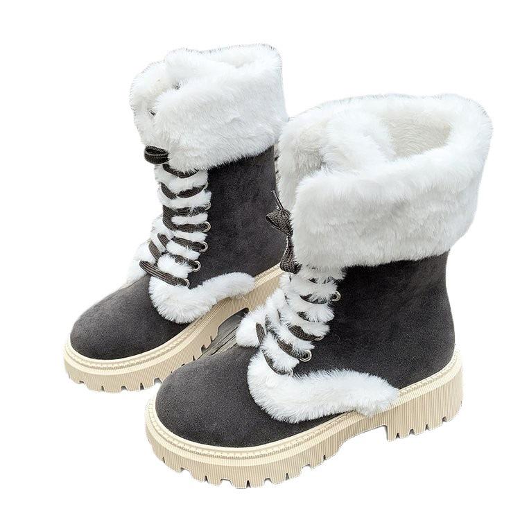 Large Size Autumn and Winter Fluffy Warm Thick-soled Medium Boots European and American Comfortable Round Head Lace-up Snow Boots Women
