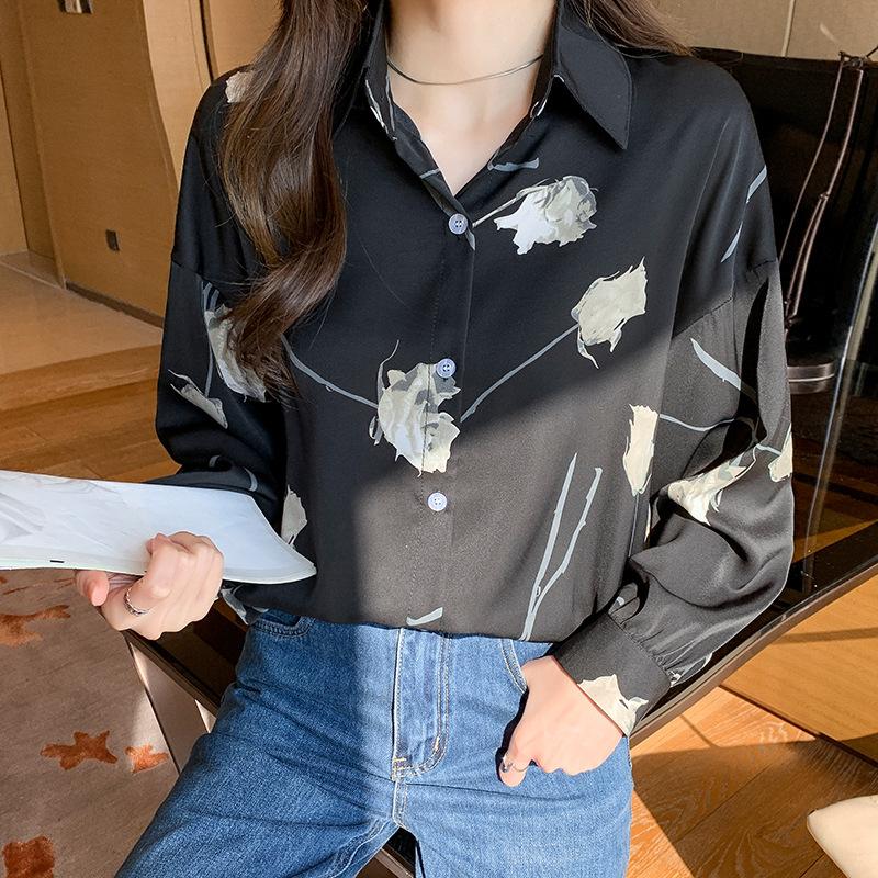 Spring Women's Shirt Long Sleeved Rose Printed Western-style Oversized Chiffon Shirt Long Sleeved Top