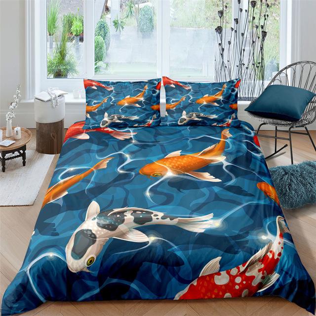 Golden Fish Duvet Cover Set King Size Comforter Cover 3D Print Orange Fishes Lucky for Kids Boys Girls Men Polyester Bedding Set