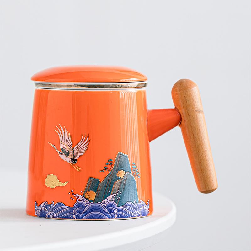 Ceramic Tea Cup with Lid Tea Separation Cup Filter Water Cup Creative Wooden Handle Cup Office Cup Gift Cup Guochao
