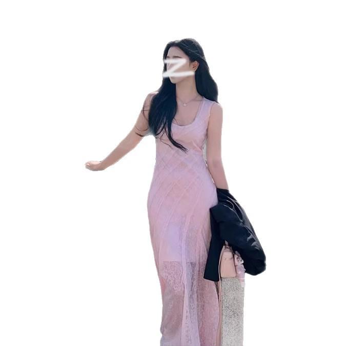 French pink lace dress women's summer new vacation style age-reducing temperament sleeveless waist A-shaped long skirt