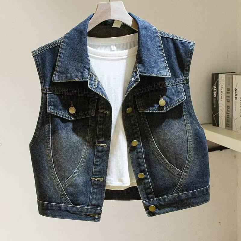 Women s Plus Size Slimming Denim Vest - Korean Style, Short, Sleeveless, for Spring & Autumn M