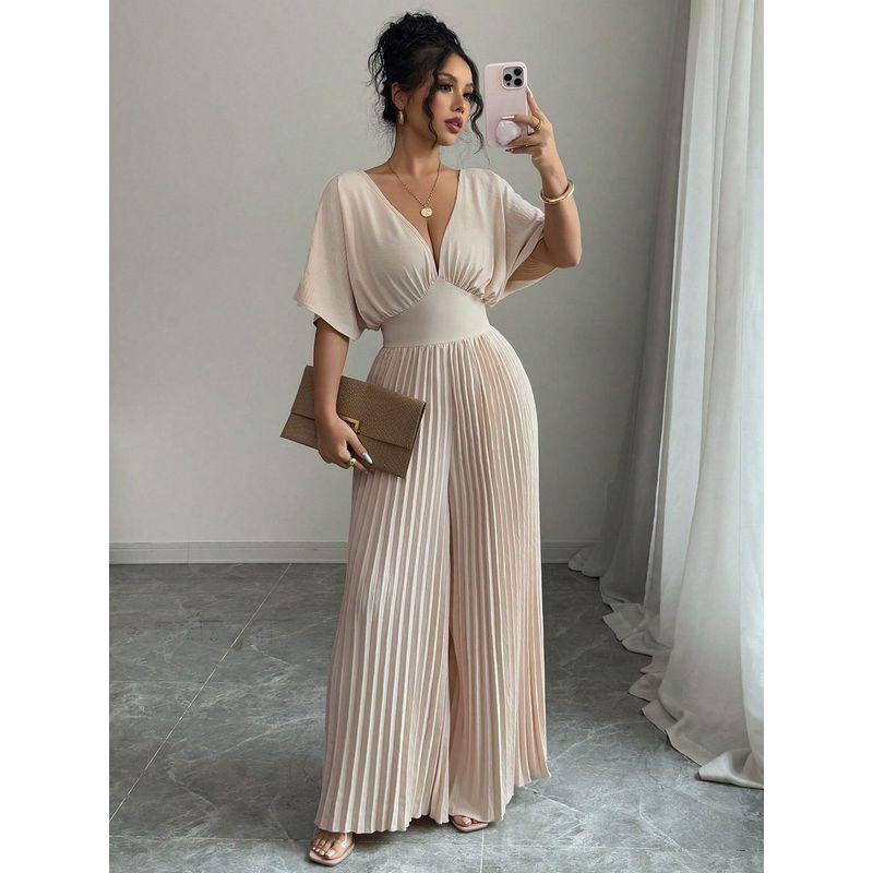 

New Women Solid Deep V-neck Batwing Pleated Elegant Jumpsuit Apricot XS