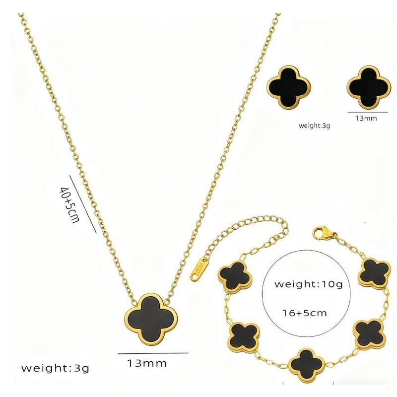 4PCS 13MM Double-Sided Smooth Mother-of-Pearl Four-Leaf Clover Set, Necklace, Bracelet, Earrings And Ring Set, Versatile Jewelry for Women