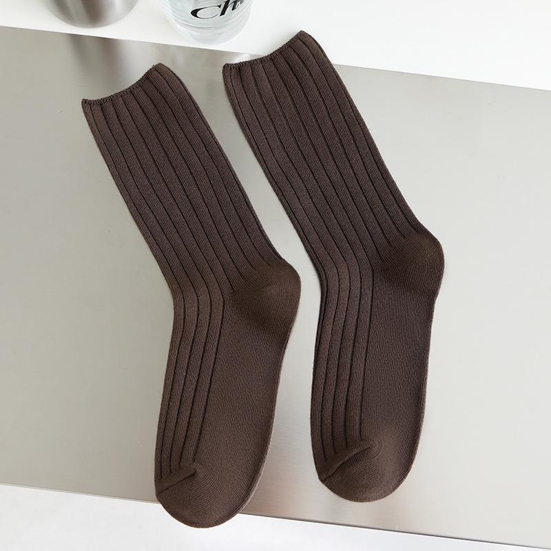 Women's Japanese Style Mid-Calf Double-Needle Combed Cotton Socks - Autumn/Winter Breathable Versatile Solid Color