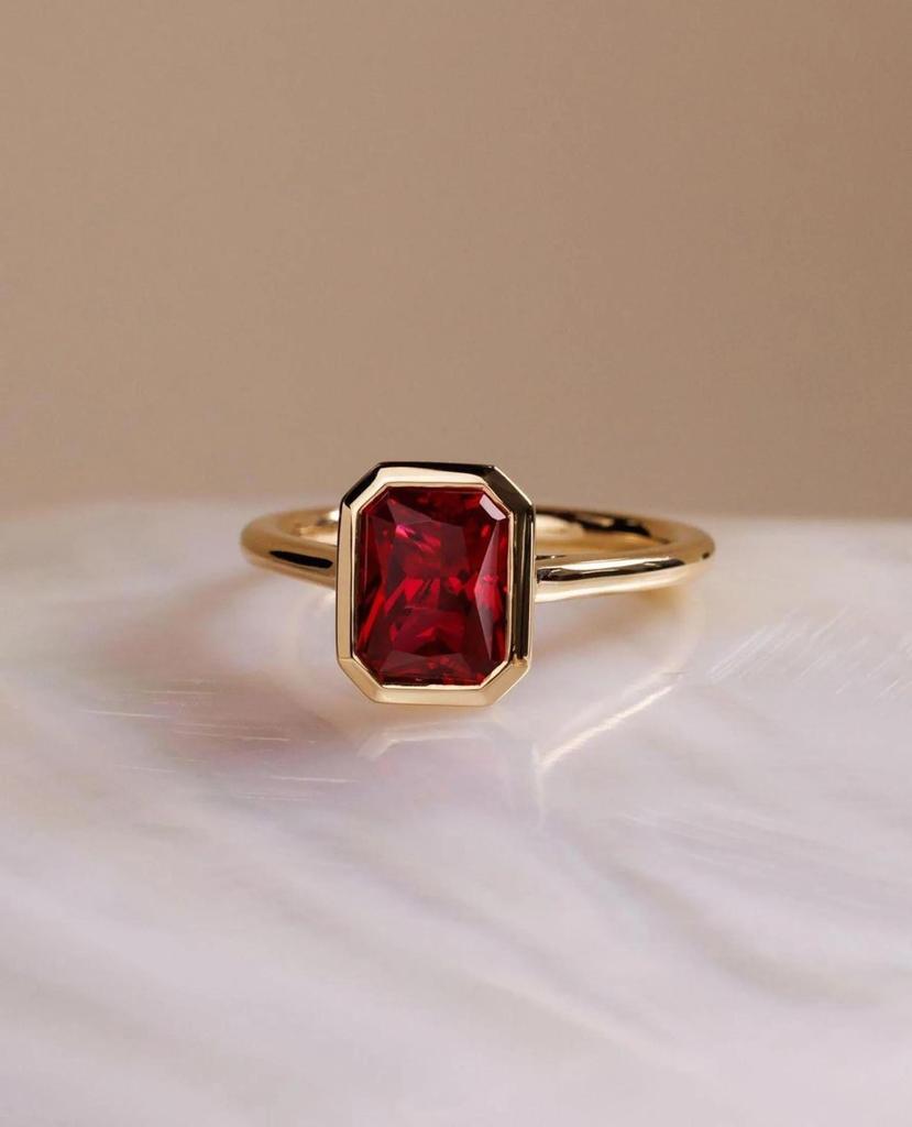Emerald Cut Ruby Solitaire Ring – Yellow Gold Plated Minimalist Statement Ring for Women | Art Deco July Birthstone Jewellery
