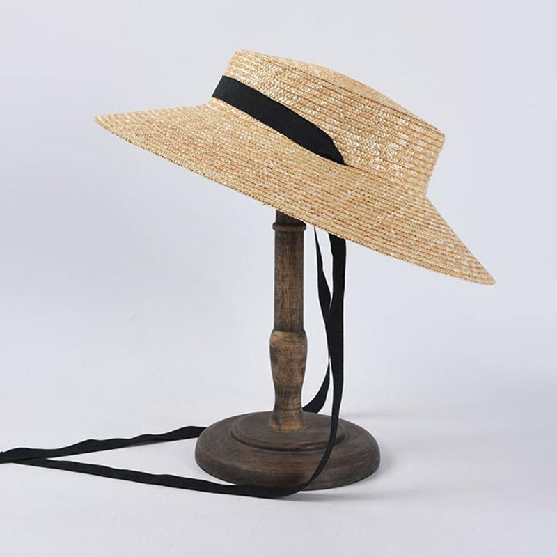 Fashion Women Summer Hat Wide Brim Beach Hat Ribbon Tie Wheat Straw Hat Outdoorsman Boater Hat Sun Protective Panama