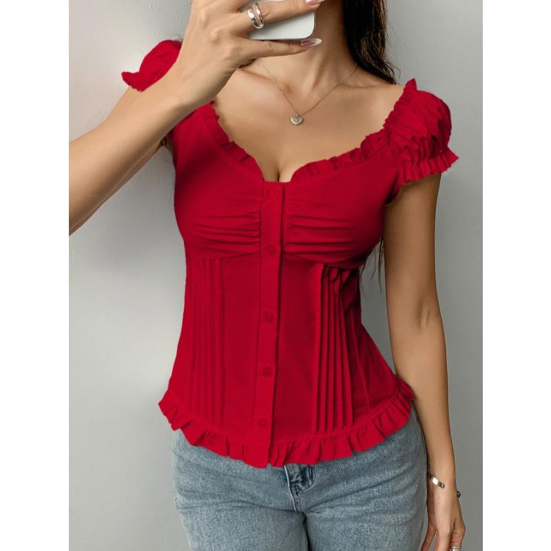 Summer Short Sleeved Rufffled Women Vest Sweet Slim Fit Blouse Solid Color Simple Pleated V Neck Shirts Fashion Elegant Women's Clothing