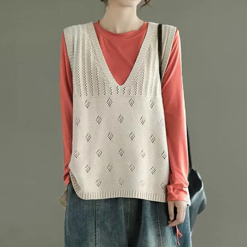 

Однотонный вязаный жилет женский осенний ажурный жилет с капюшоном вязаный свитер с цветочным узором V-образный вырез свободный повседневный жилет женский L бежевый