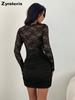 Neues einfarbiges sexy Spitzen-Patchwork-Langarm-Bodycon-Sommerkleid für Damen