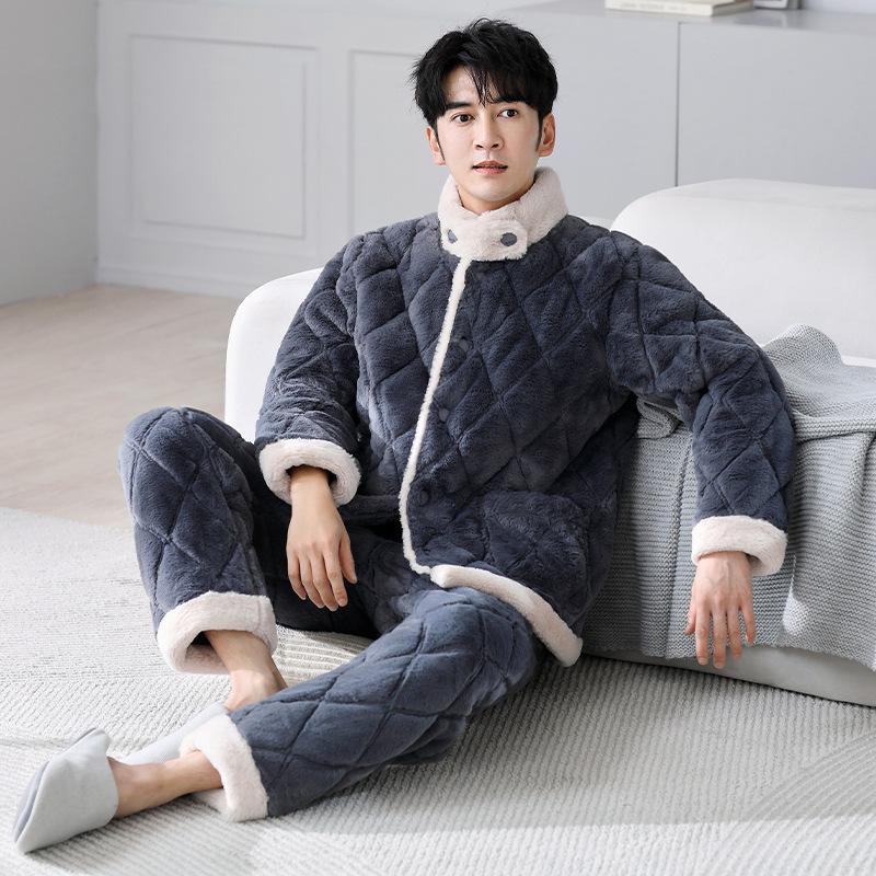 Pajamas Men'S Winter Coral Fleece Three-Layer Padded Cotton Thickened Fleece Homewear Warm Padded Jacket Flannel Stand-Up Collar Set