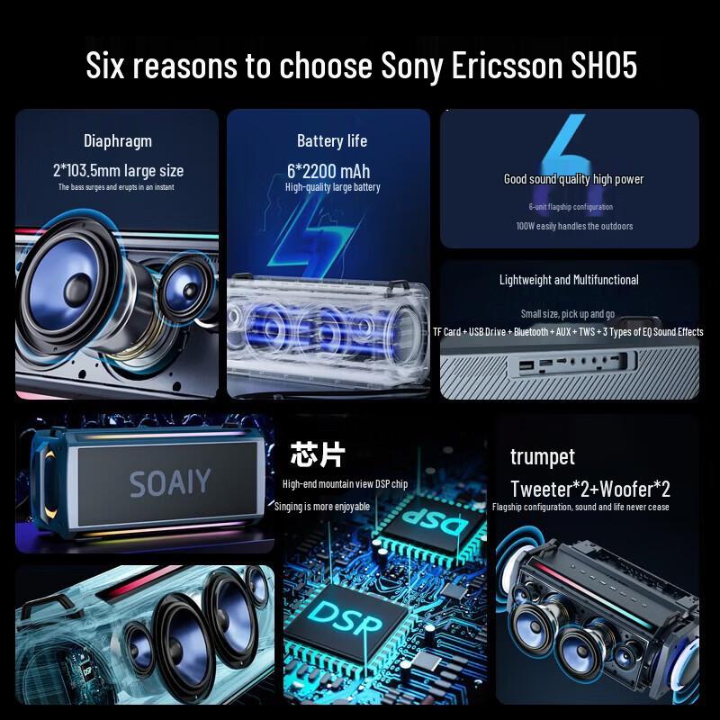 Sol-AI SH05 Portable Karaoke Bluetooth Speaker with 2 Mics CN Plug (adapter Included)