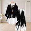 Women Plus Size Two Piece Pants Set Round Neck Long Sleeve Printed High Low Top Wide Leg Pants Black White