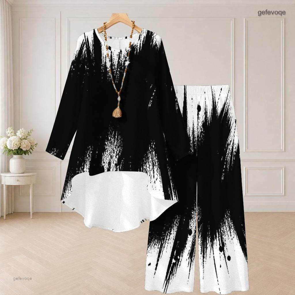 Women Plus Size Two Piece Pants Set Round Neck Long Sleeve Printed High Low Top Wide Leg Pants Black White