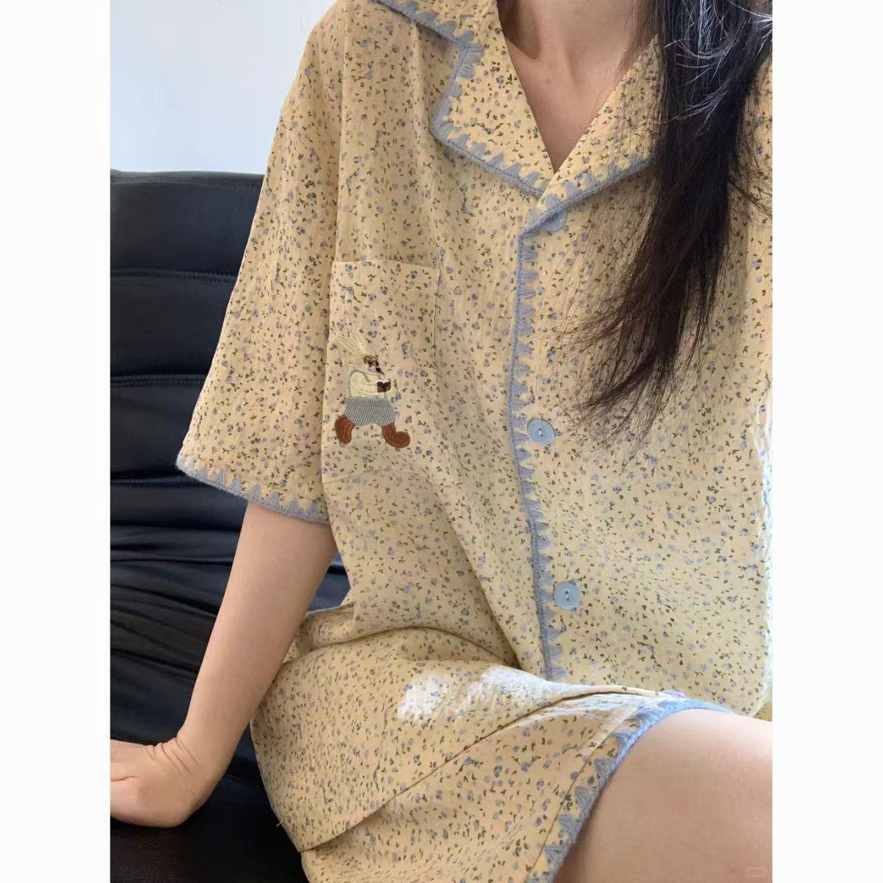

Summer wear short-sleeved shorts pajamas women s full-printed floral lace two-piece set Korean version of high-end loungewear XXL