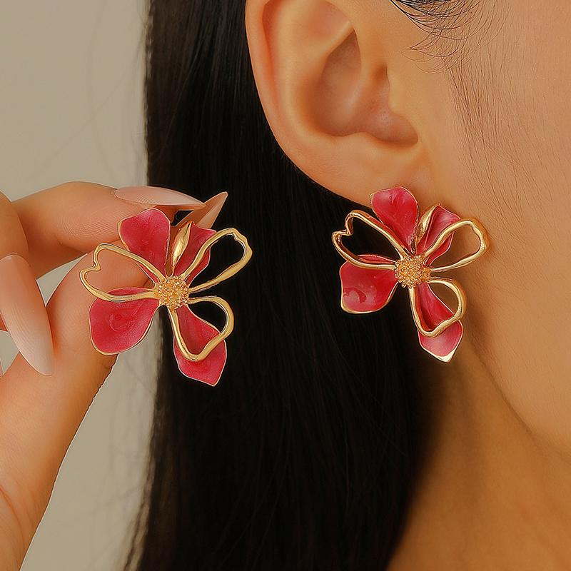 New Fashion Glaze Enameled Flower Stud Earrings For Women Girls French Ins Vintage Korean Wedding Romantic Gold Color Zircon