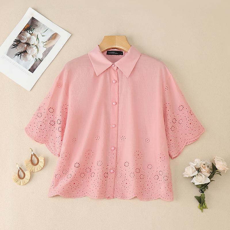 ZANZEA Women Casual Turn Down Collar Loose Half Sleeve Crochet Patchwork Blouse