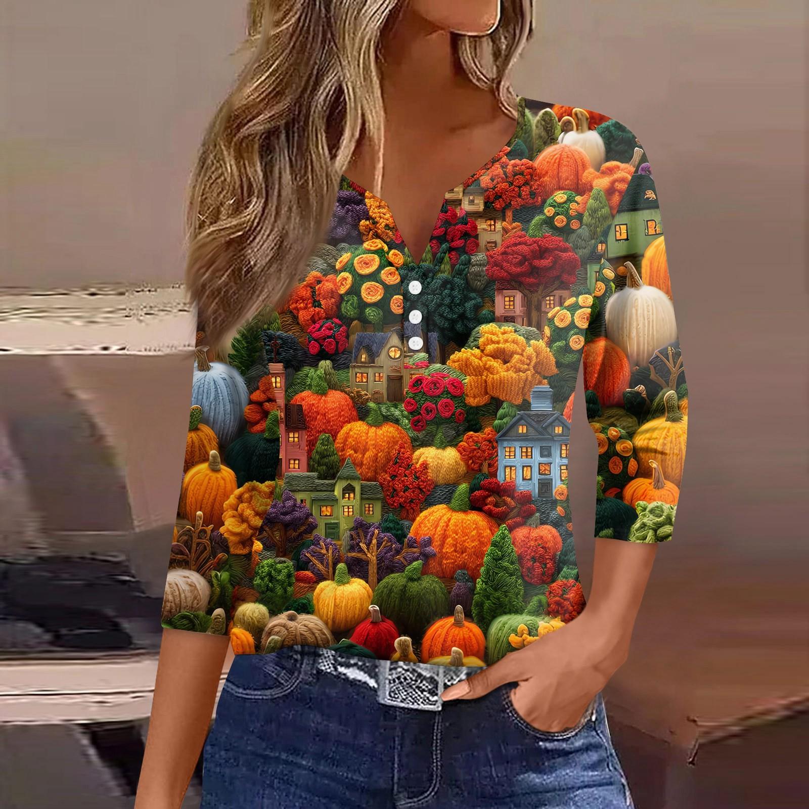 

Женская футболка с принтом на Хэллоуин, на пуговицах, рукав 3/4, повседневная мода на выходные, базовый топ с V-образным вырезом XL