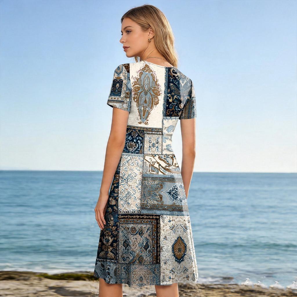 Women Casual Vintage Floral Print Short Sleeve V Neck Dress Midi Length Lightweight Summer Dress for Daily Wear