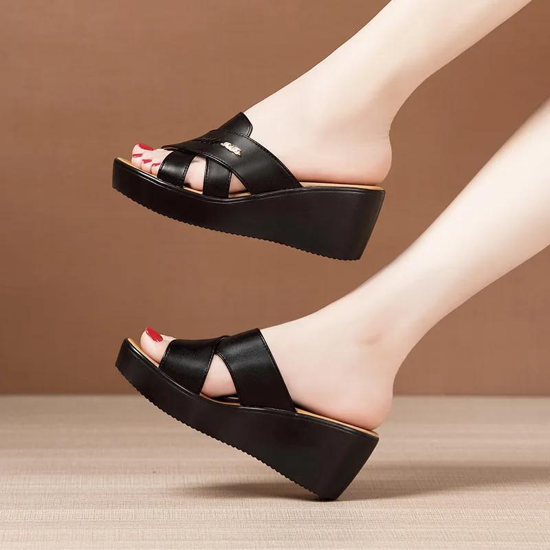 6cm Small Size 32-43 Comfortable All Match Soft Leather Slippers Platform Shoes 2025 Womens Med Heels Wedges Slides Office Beach