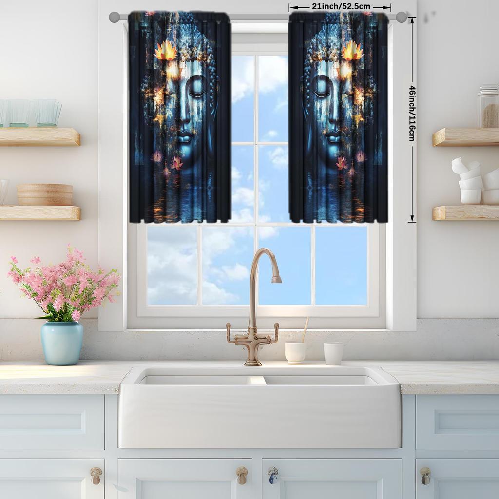 2-Panels Shakyamuni Buddha Lotus Flower Decorative Curtains   Semi Transparent Without Lining   Durable Polyester Fiber Curtains