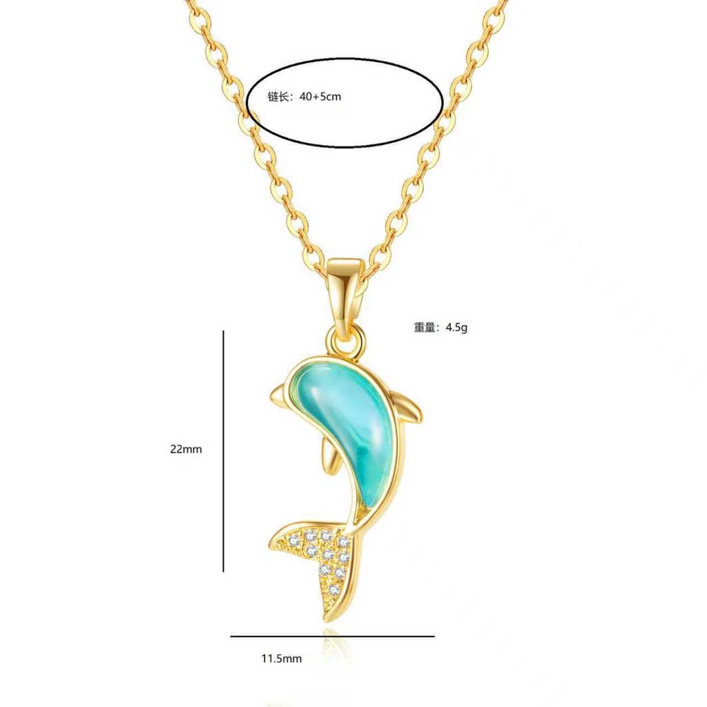 Simple and Unique Cat's Eye Stone Dolphin Pendant Necklace Cute Minimalist Collarbone Chain Versatile Accessory