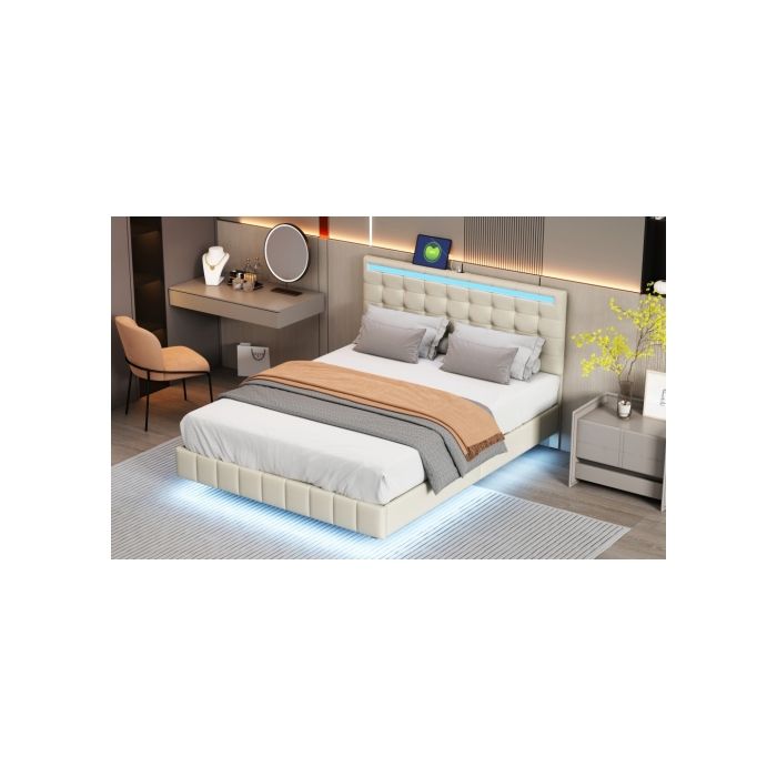 Lit capitonné - MUVOE - 140x200 cm - Éclairage LED - Design moderne - Tissu en lin respirant
