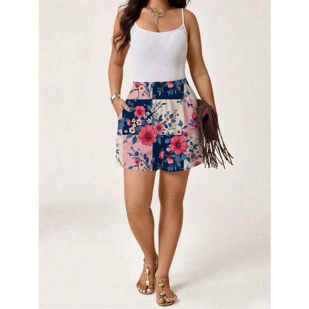 Plus Size, Women s Plus-Size Retro Floral Patchwork Shorts - Full-Body Vibrant Slant Pocket Beach Swim Shorts S