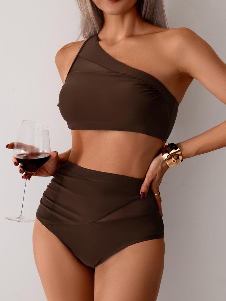 Vintage Plážové Dovolené Plavky Jednoramenné Plavky Dámské Rychleschnoucí Dělené Sexy Bikiny Plavky Jemné Prošívání V Různých Barvách Plážové Oblečení